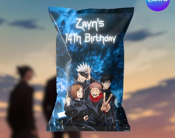 Bolsa de patatas fritas Jujutsu Kaisen, Bolsa de patatas fritas Jujutsu Kaisen, Bolsa de patatas fritas para fiesta de cumpleaños, Fiesta de superhéroes, Tema Jujutsu Kaisen, Canva editable