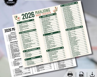Tracciatore di mani di Mahjong 2026, scheda segnapunti di Mahjong americano, PDF stampabile, riferimento per le serate di gioco e foglio segnapunti