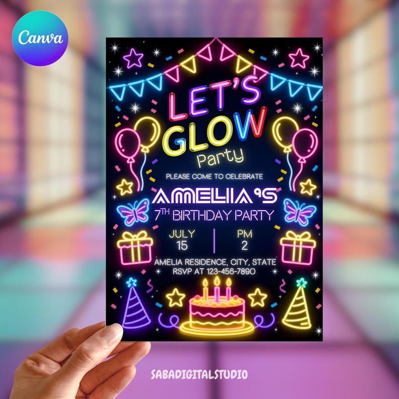 May include: A black invitation card with neon-style graphics for a glow party. The text reads "Let's Glow Party" and includes details for Amelia's 7th birthday, with date, time, and RSVP information. Features balloons, stars, and a cake.