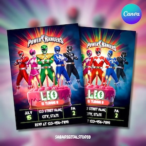 パワーレンジャーの誕生日招待状、パワーレンジャーの招待状、印刷可能な誕生日招待状、子供の誕生日招待状、Canvaで編集可能な招待状