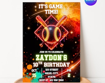 Baseball Birthday Invitation | Ice Cream Drip, Canva Editable (Digital Download)