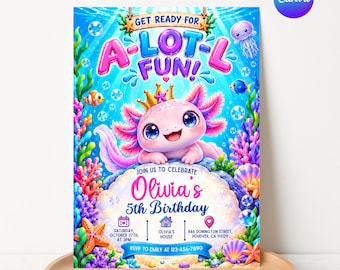 Invito di compleanno a tema Axolotl / Invito per festa a tema Axolotl / Invito a tema "Sotto il mare" / Tema oceano / Modello modificabile / Download immediato
