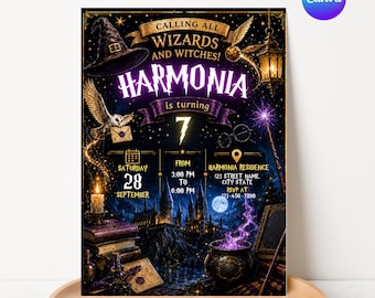 Invito di compleanno a tema mago, invito per festa magica, modello Canva modificabile, compleanno fantasy, modello per festa a tema strega