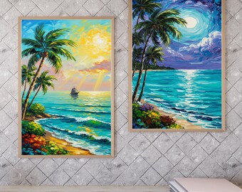 Printable Wall Art Tropical Beach | Palm Tree Seascape Painting | Coastal Sunset & Moonlight Ocean Poster | Beach Wall Decor | Set of 2