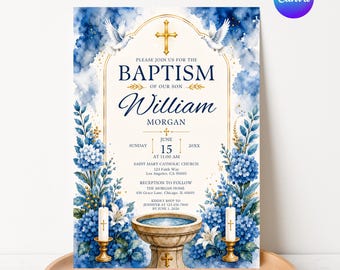 Invito per battesimo ad acquerello, invito per battesimo di un bambino (download digitale)