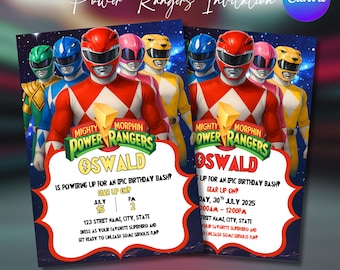 Invitación de cumpleaños de los Power Rangers, invitación de los Power Rangers, invitación de cumpleaños imprimible, invitación de cumpleaños para niños, editable en Canva