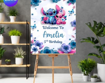 Stitch and Angel Welcome Sign, Birthday Party Invite, Editable Birthday, Stitch and Angel Girl Boy Birthday Decor, Liyo and Stitch Party