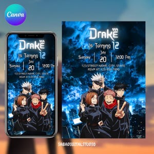 May include: Digital birthday party invitation featuring anime characters. The invitation reads "Drake is Turning 12" with event details: Sunday, July 20, 12:00 PM, and an address. The design includes a blue cityscape background.