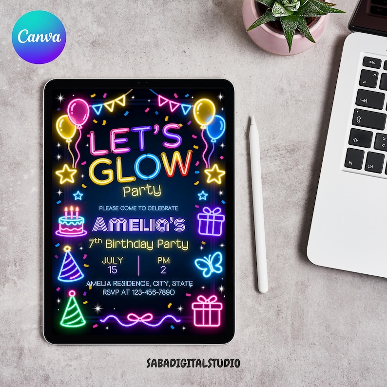May include: A digital invitation on a tablet for Amelia's 7th birthday party. The design features neon-style text that reads "LET'S GLOW Party" with balloons, stars, and a cake. The date and time are also included.