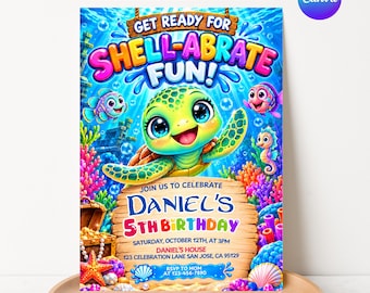 Invito di compleanno a tema tartaruga marina, invito modificabile su Canva, festa a tema sotto il mare, compleanno a tema oceano, modello per bambini