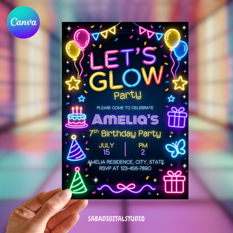 May include: A neon-style party invitation with the text "LET'S GLOW Party" in bright colors. The invitation includes balloons, stars, a cake, and a butterfly. It's for Amelia's 7th birthday, with date, time, and RSVP information.