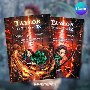 May include: Two birthday party invitations featuring a cartoon character surrounded by flames. The invitations have the text "TAYLOR IS TURNING 12" with the date, time, and RSVP information. The background shows a city skyline.