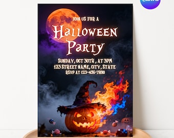 Invito per festa di Halloween, invito per festa in costume spettrale, Halloween gotico, modello Canva modificabile, stampabile