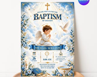 Invito per battesimo bambino, invito per battesimo modificabile su Canva, battesimo blu e oro, festa religiosa, modello per bambini