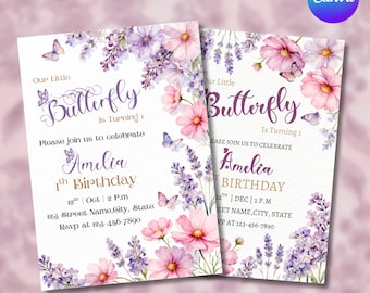 Schmetterlings-Geburtstagseinladung, Muttertag einladen, Aquarell Blumen, Canva Bearbeitbar (Digitaler Download)