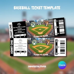 Op de afbeelding: Honkbal ticket sjabloon met twee tickets. Elk ticket heeft een honkbalveld afbeelding, team logo's en de tekst "TEAM VS TEAM". De tickets bevatten details zoals de naam "Zaydon", datum, tijd, locatie en een verjaardagsbericht.