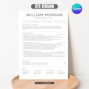 May include: A white CV template with black text titled ATS VERSION. It includes sections for professional overview, work experience, education, and skills. The layout features placeholders for contact information, job titles, and bulleted lists.