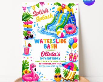 Invito di compleanno con scivolo acquatico, invito per festa in piscina, modello Canva modificabile, festa estiva a tema acquatico