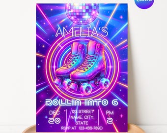 May include: A vibrant invitation design with a disco theme. The invitation features a pair of colorful roller skates, a disco ball, and the text "Amelia's" and "Rollin' Into 6". The design includes event details and the Canva logo.