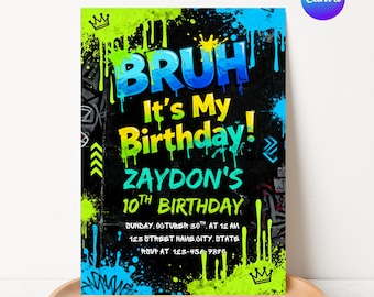 Graffiti BRUH È il mio compleanno! Invito di compleanno, Festa a tema videogiochi arcade, Invito modificabile per adolescenti, Modello Canva per compleanno a tema pizza