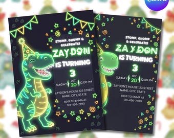 May include: Two birthday party invitations with a neon green dinosaur illustration. The invitations are black with text that reads "Zaydon is turning 3" and party details. The design includes stars and a banner.
