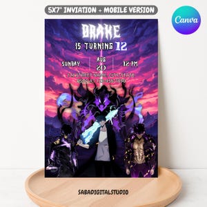 Puede incluir: Una invitación de cumpleaños con un fondo de cielo púrpura y rosa. La invitación dice "DRAKE CUMPLE 12" con los detalles del evento. El diseño presenta personajes de estilo anime con una espada brillante. El logotipo de Canva está en la esquina superior derecha.