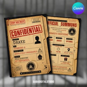 Peut inclure: Une invitation en forme de dossier beige au style vintage intitulée TOP SECRET CONFIDENTIAL, avec la silhouette d'un enfant, le texte DRAKE, TURNING 8 et THREAT LEVEL: ABSOLUTELY UNBEARABLE. Le document inclut une convocation d'anniversaire.