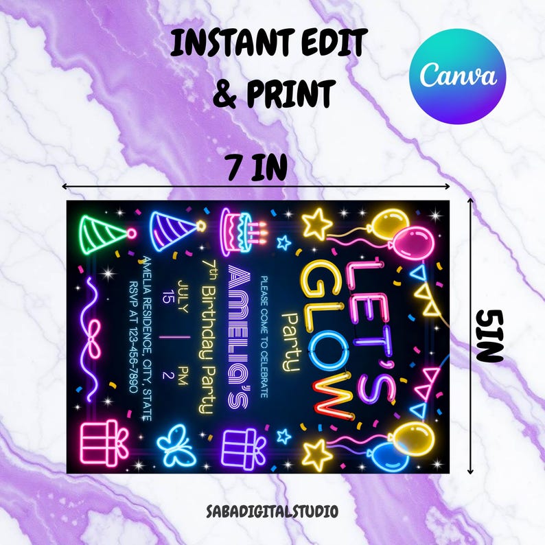 May include: A neon-style birthday party invitation, 7 inches by 5 inches, with the text "Let's Glow Party" and "Amelia's 7th Birthday Party." The design includes party hats, balloons, gifts, and stars. The Canva logo is in the upper right corner.