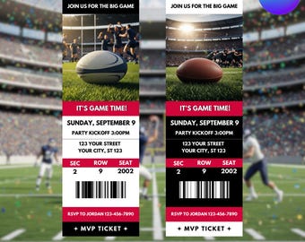 Biglietto d'invito per la partita di football americano, biglietto per il giorno della partita, invito modificabile per una festa sportiva