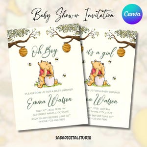 Baby Shower Invitation Winnie The Pooh, Pooh Bear Invite, Baby Celebration, Woodland Theme Invite, Baby Announcement