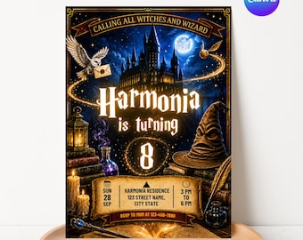 Invito di compleanno a tema mago magico, invito per festa a tema strega, modello Canva modificabile, invito digitale per festa di compleanno incantata