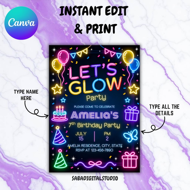 May include: A black invitation with neon-style text that reads "LET'S GLOW Party". The invitation includes balloons, stars, and gift box graphics. It is for Amelia's 7th birthday, with the date, time, and RSVP information.
