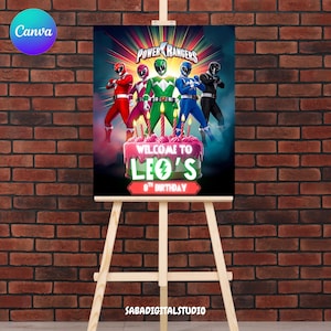 Letrero de bienvenida de los Power Rangers, invitación para fiesta de cumpleaños, cumpleaños editable, decoración de cumpleaños de los Power Rangers para niña y niño, fiesta de superhéroes