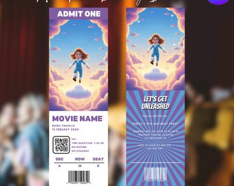 Invito di compleanno a forma di biglietto del cinema, Invito a forma di biglietto del cinema, Biglietto del cinema stampabile, Invito di compleanno per bambini, Modificabile con Canva