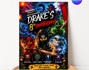 Invito per festa a tema ninja, invito di compleanno modificabile su Canva, compleanno a tema guerriero ninja, festa di arti marziali, modello per bambini
