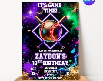 Baseball Birthday Party Invitation, Sports Theme (Canva Editable)