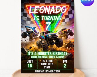Invito di compleanno a tema monster truck, modello di invito modificabile, festa per bambino a tema camion.