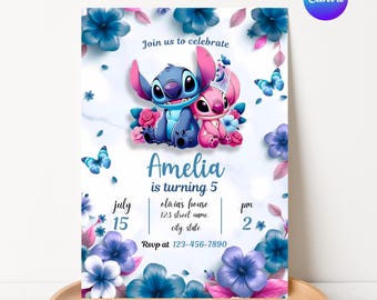 Stitch and Angel Birthday Invitation, Stitch and Angel Invite, Printable Birthday Invitation, Kids Birthday Invitation, Canva Editable
