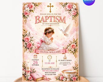 Invito stampabile per battesimo di bambina, invito per battesimo modificabile su Canva, battesimo floreale rosa, festa religiosa, modello per neonato