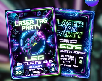 Invito di compleanno laser tag, invito di compleanno laser tag, invito per festa al neon, invito per festa di gioco, invito per sala giochi, modificabile con Canva