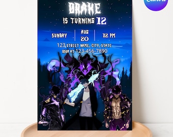 Editable Birthday Invitation, Printable Party Invite, Anime Style Digital Download, Canva Editable