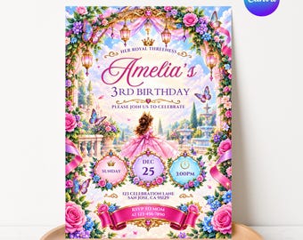 Invito di compleanno da principessa / Invito per una festa a tema fiabesco / Celebrazione reale / Castello della principessa / Giornata magica / Modello modificabile