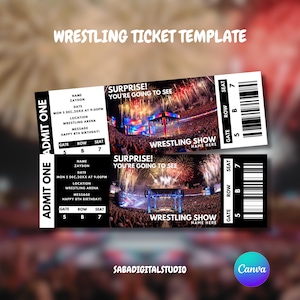Puede incluir: Dos plantillas de entradas de lucha libre con un diseño en blanco y negro. Las entradas incluyen el texto "Wrestling Show" y "Surprise! You're going to see". Las entradas tienen un código de barras e incluyen el texto "Admit One".
