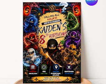 Invito di compleanno a tema ninja stampabile, invito per festa a tema ninja, compleanno per bambini, festa a tema guerriero ninja, modello Canva modificabile