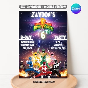 May include: A 5x7 inch Power Rangers birthday party invitation with a mobile version. The invitation features the text "Zaydon's" and "6th" with the Power Rangers logo. The invitation includes party details and a cityscape background.
