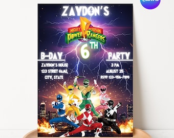 パワーレンジャーの誕生日招待状、印刷可能な誕生日招待状、パワーレンジャーの招待状、子供の誕生日招待状、Canvaで編集可能