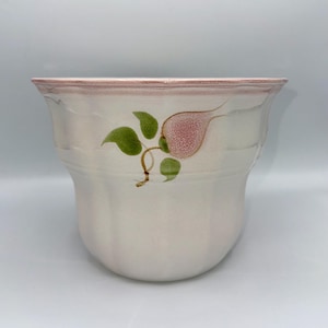 Peut inclure: Un pot de fleurs en céramique blanche avec un bord rose et un motif de figue peint. La figue est rose avec des feuilles vertes et une tige brune. Le pot a une forme incurvée.