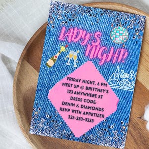 Ladies&#39; Night Denim & Diamonds Invitation - Glam Up Your Event with this Digital Download - Pink Denim and Sparkles