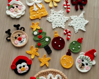 May include: A selection of crocheted Christmas decorations, featuring a snowman, Santa, reindeer, Christmas tree, stars, bows, and a gingerbread person. The ornaments are in festive colours like red, white, green, yellow, and brown.