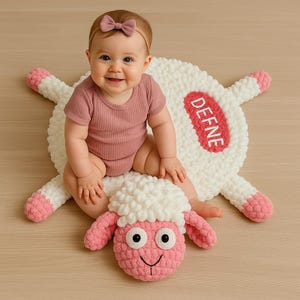 Personalized Baby Sheep Crochet Rug – Custom Name Playmat – Soft Nursery Gift
